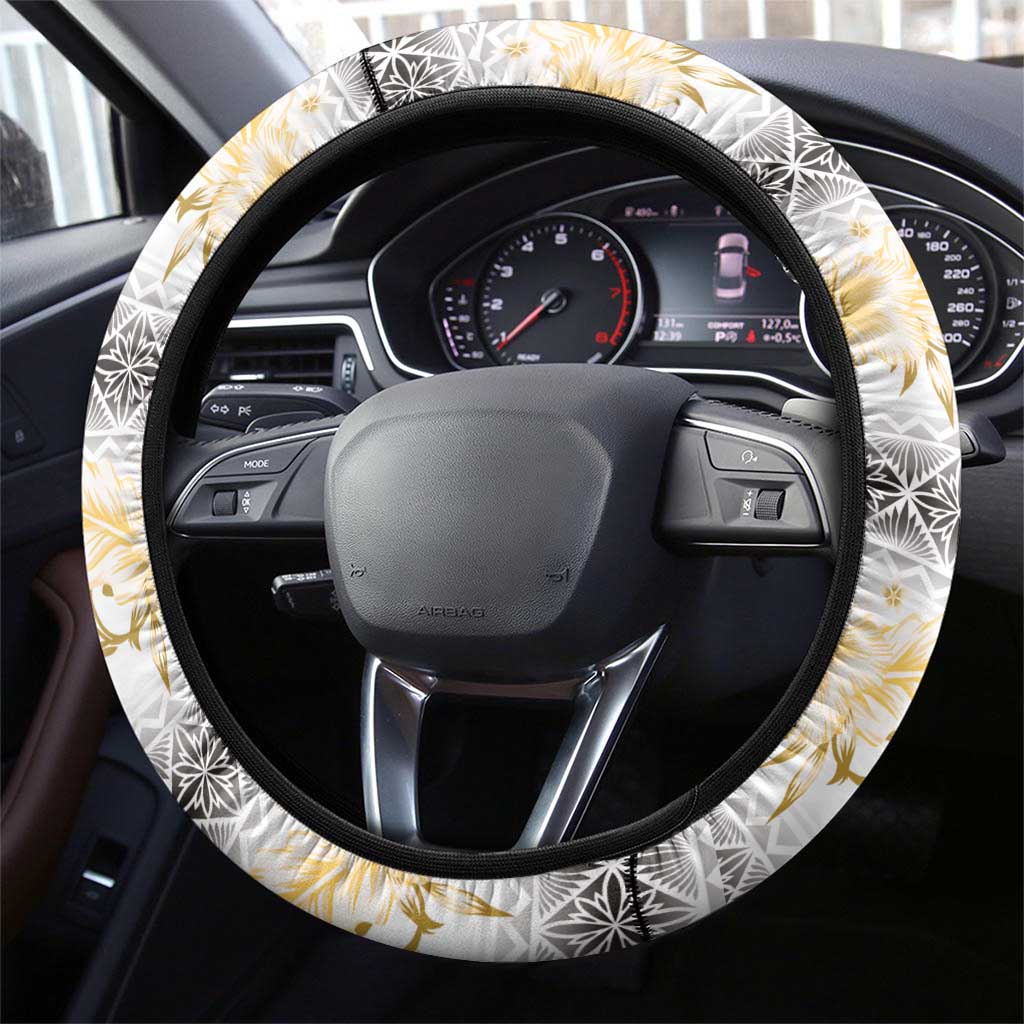 Samoa White Sunday Steering Wheel Cover Samoan Tapa Yellow Hibiscus LT05 - Polynesian Pride
