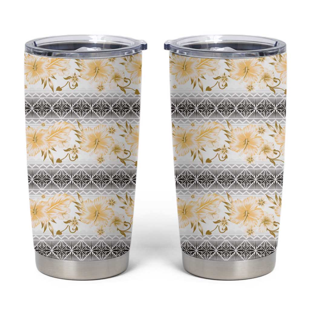 Samoa White Sunday Tumbler Cup Samoan Tapa Yellow Hibiscus - Polynesian Pride