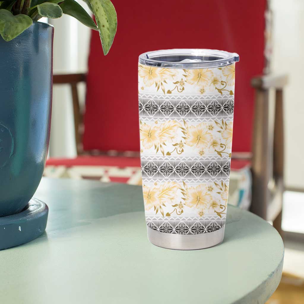 Samoa White Sunday Tumbler Cup Samoan Tapa Yellow Hibiscus - Polynesian Pride