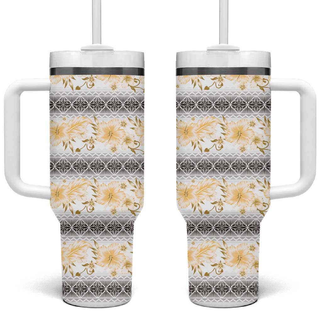 Samoa White Sunday Tumbler With Handle Samoan Tapa Yellow Hibiscus - Polynesian Pride