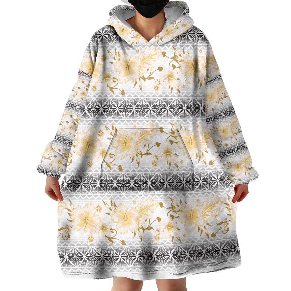 Samoa White Sunday Wearable Blanket Hoodie Samoan Tapa Yellow Hibiscus LT05 - Polynesian Pride