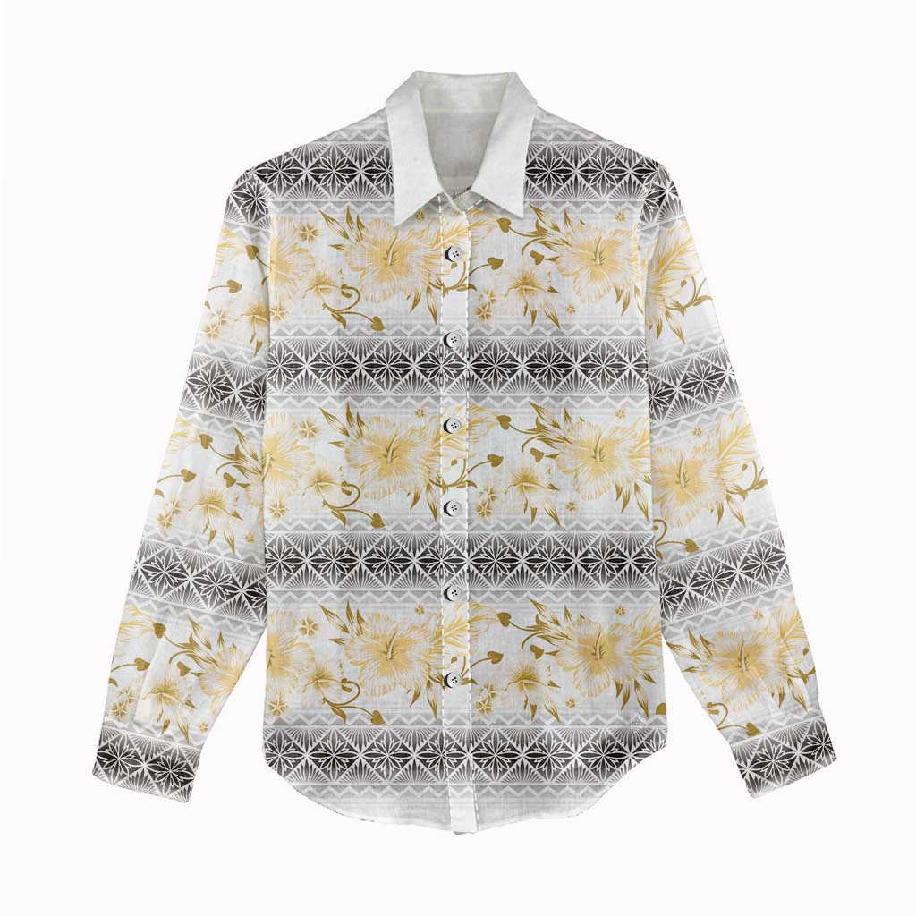 Samoa White Sunday Women Casual Shirt Samoan Tapa Yellow Hibiscus - Polynesian Pride