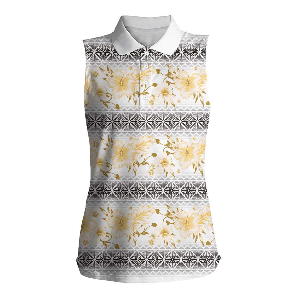 Samoa White Sunday Women Sleeveless Polo Shirt Samoan Tapa Yellow Hibiscus - Polynesian Pride