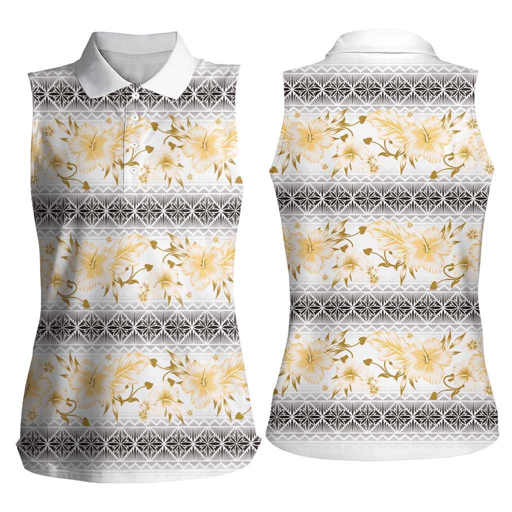 Samoa White Sunday Women Sleeveless Polo Shirt Samoan Tapa Yellow Hibiscus - Polynesian Pride