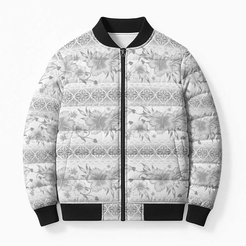 Samoa White Sunday Bomber Puffer Jacket Samoan Tapa White Hibiscus LT05 Unisex White - Polynesian Pride