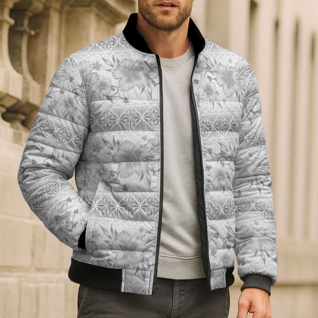 Samoa White Sunday Bomber Puffer Jacket Samoan Tapa White Hibiscus LT05 - Polynesian Pride