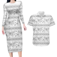Samoa White Sunday Couples Matching Long Sleeve Bodycon Dress and Hawaiian Shirt Samoan Tapa White Hibiscus - Polynesian Pride