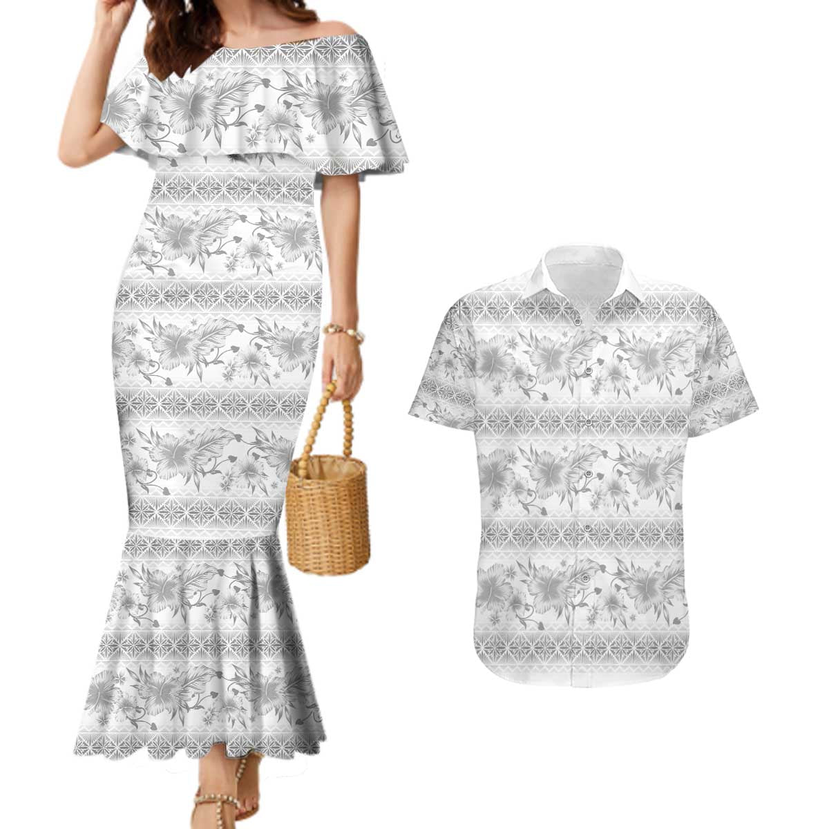 Samoa White Sunday Couples Matching Mermaid Dress and Hawaiian Shirt Samoan Tapa White Hibiscus - Polynesian Pride
