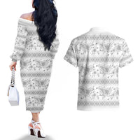 Samoa White Sunday Couples Matching Off The Shoulder Long Sleeve Dress and Hawaiian Shirt Samoan Tapa White Hibiscus - Polynesian Pride