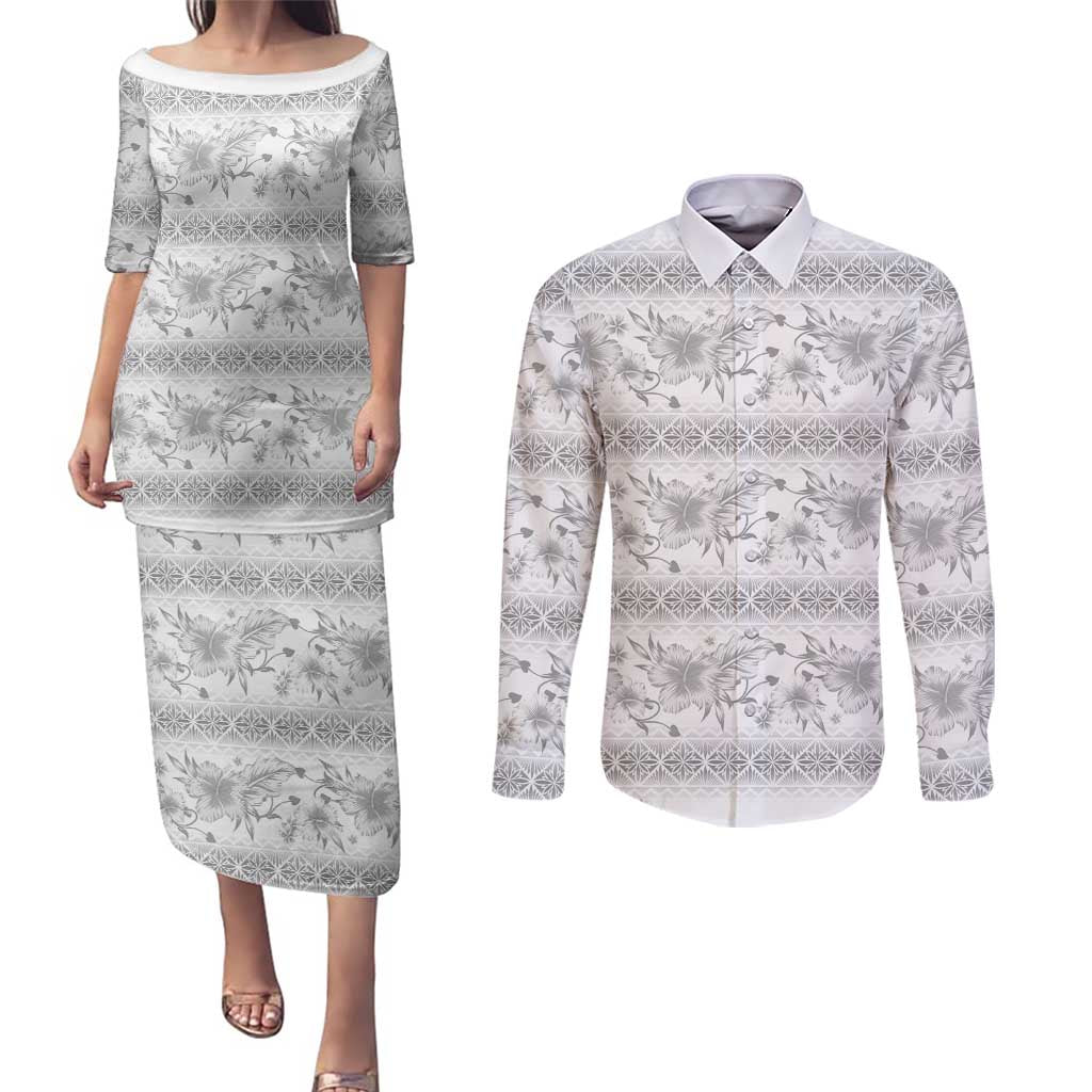 Samoa White Sunday Couples Matching Puletasi and Long Sleeve Button Shirt Samoan Tapa White Hibiscus - Polynesian Pride