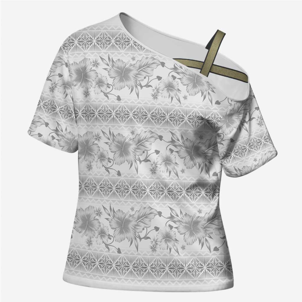 Samoa White Sunday Cross Shoulder Shirt Samoan Tapa White Hibiscus - Polynesian Pride