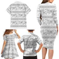 Samoa White Sunday Family Matching Long Sleeve Bodycon Dress and Hawaiian Shirt Samoan Tapa White Hibiscus - Polynesian Pride
