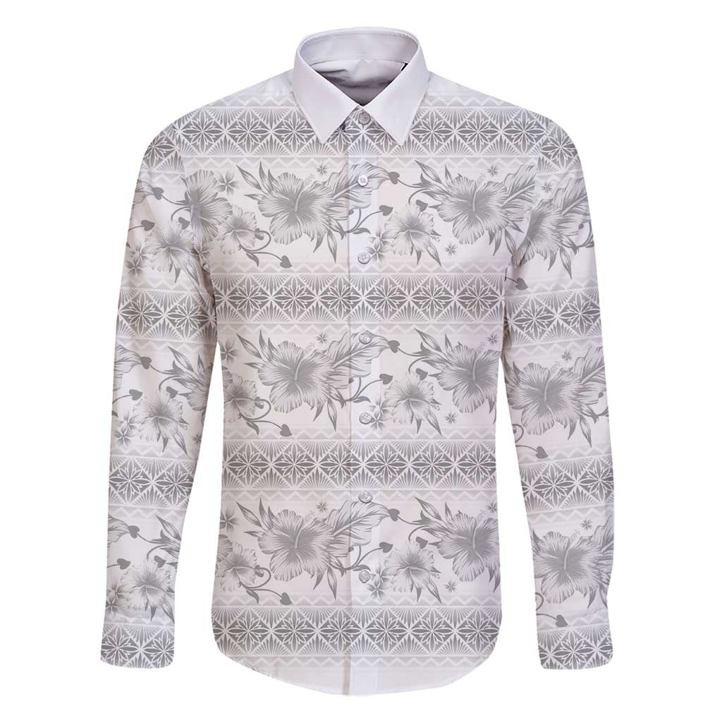 Samoa White Sunday Family Matching Long Sleeve Bodycon Dress and Hawaiian Shirt Samoan Tapa White Hibiscus - Polynesian Pride