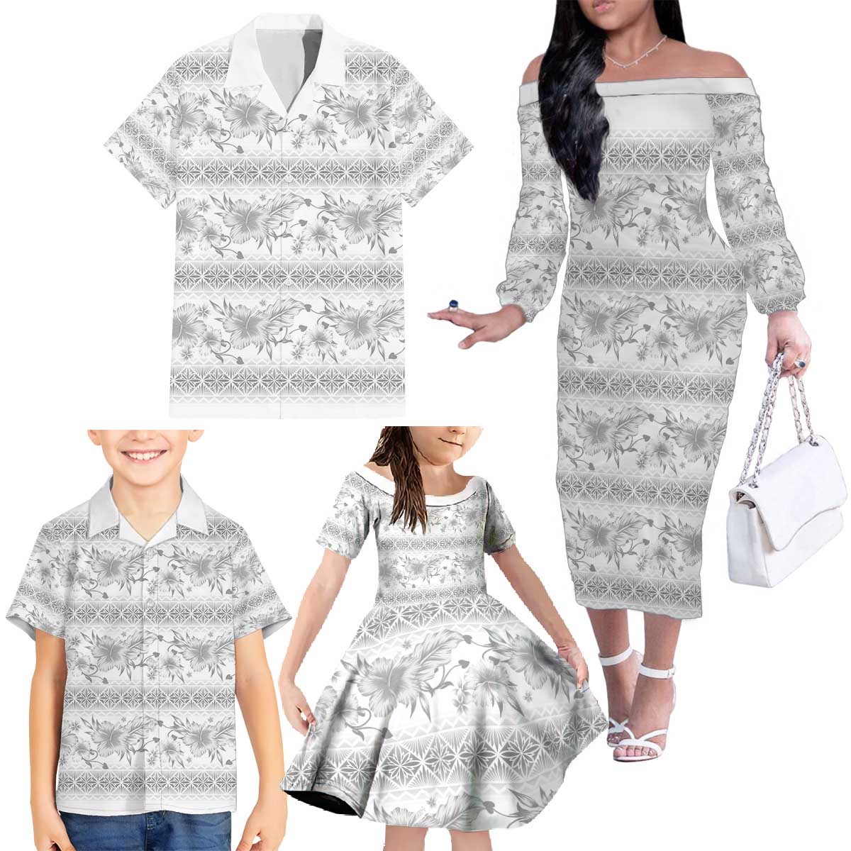 Samoa White Sunday Family Matching Off The Shoulder Long Sleeve Dress and Hawaiian Shirt Samoan Tapa White Hibiscus - Polynesian Pride