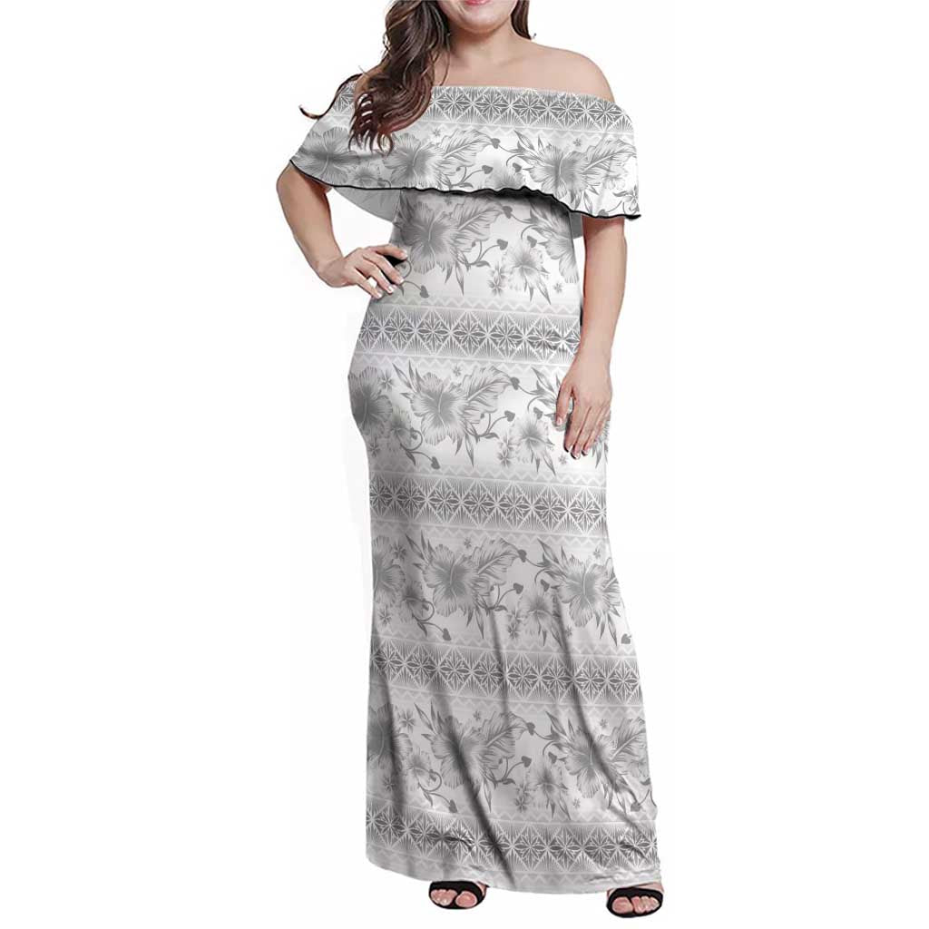 Samoa White Sunday Family Matching Off Shoulder Maxi Dress and Hawaiian Shirt Samoan Tapa White Hibiscus - Polynesian Pride