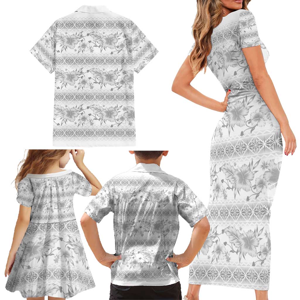 Samoa White Sunday Family Matching Short Sleeve Bodycon Dress and Hawaiian Shirt Samoan Tapa White Hibiscus - Polynesian Pride