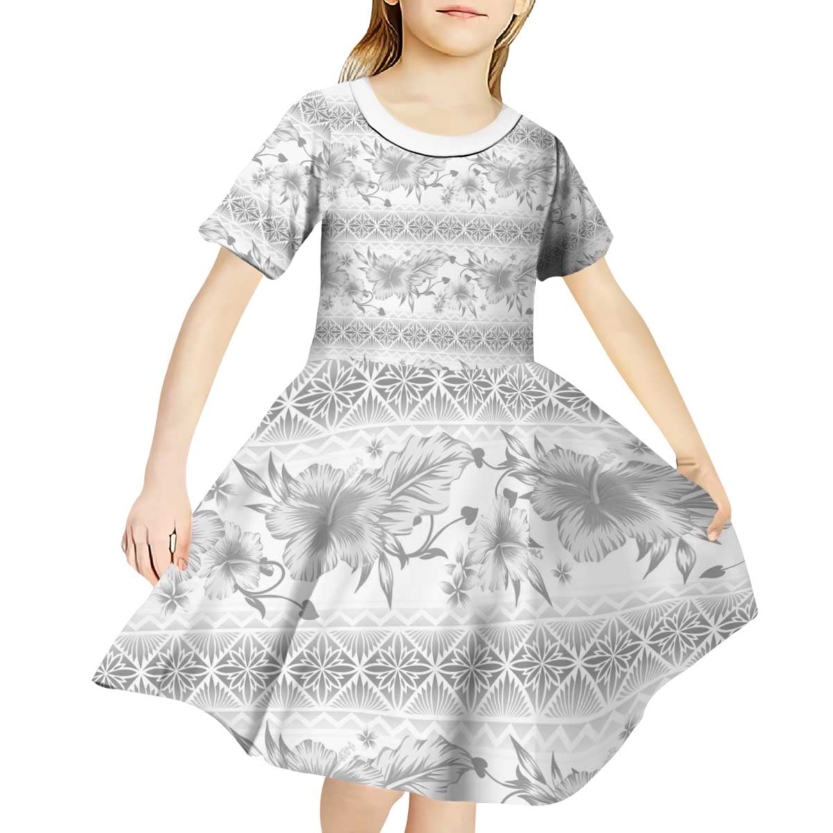 Samoa White Sunday Kid Short Sleeve Dress Samoan Tapa White Hibiscus - Polynesian Pride