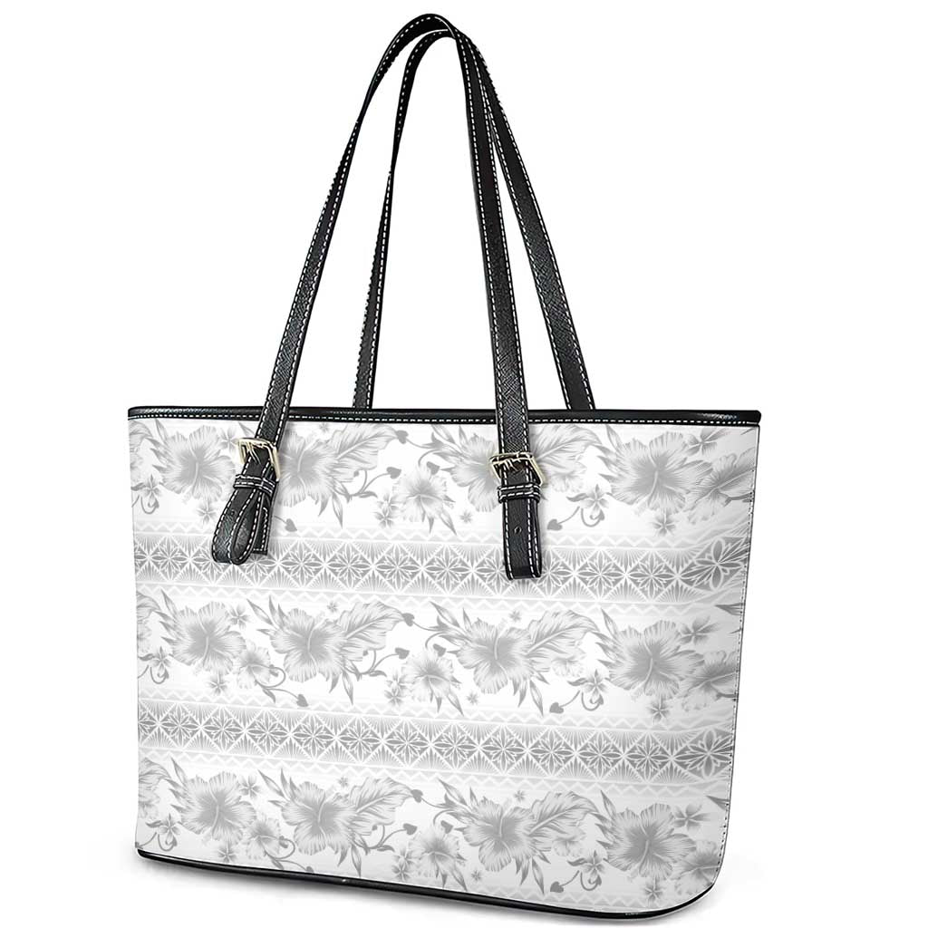 Samoa White Sunday Leather Tote Bag Samoan Tapa White Hibiscus - Polynesian Pride