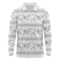 Samoa White Sunday Long Sleeve Polo Shirt Samoan Tapa White Hibiscus - Polynesian Pride