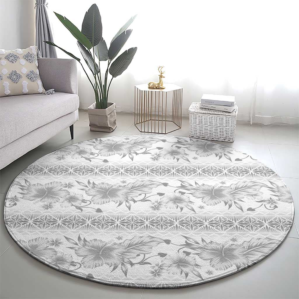 Samoa White Sunday Round Carpet Samoan Tapa White Hibiscus - Polynesian Pride