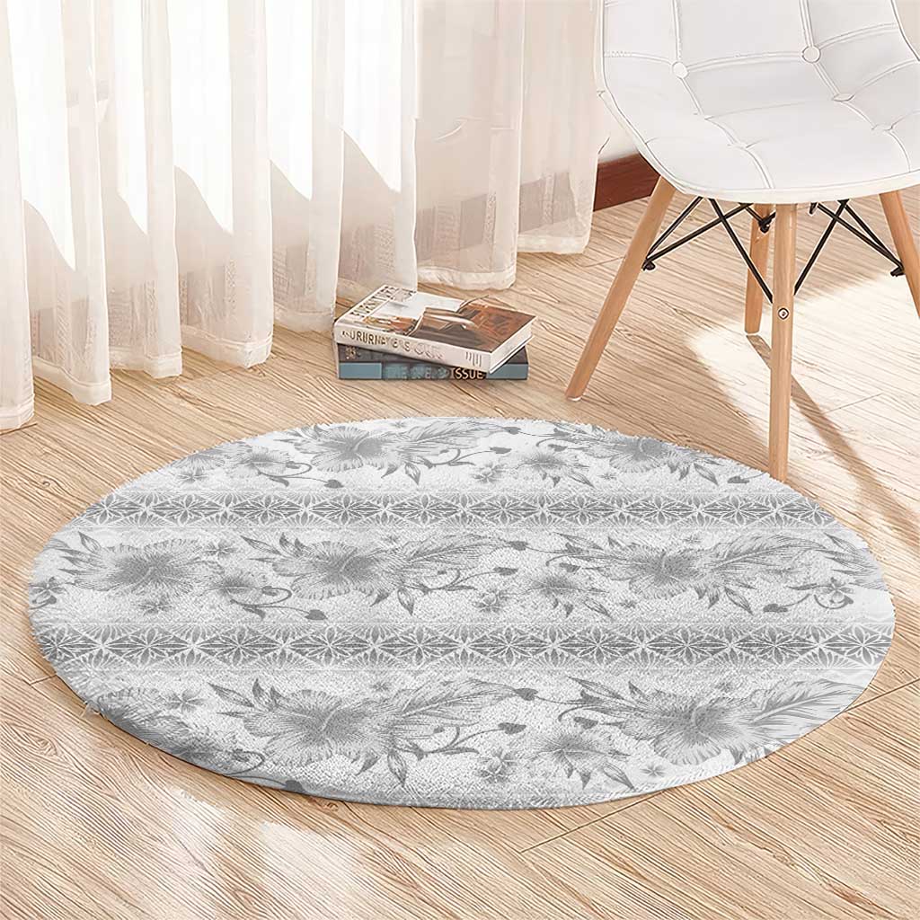 Samoa White Sunday Round Carpet Samoan Tapa White Hibiscus - Polynesian Pride