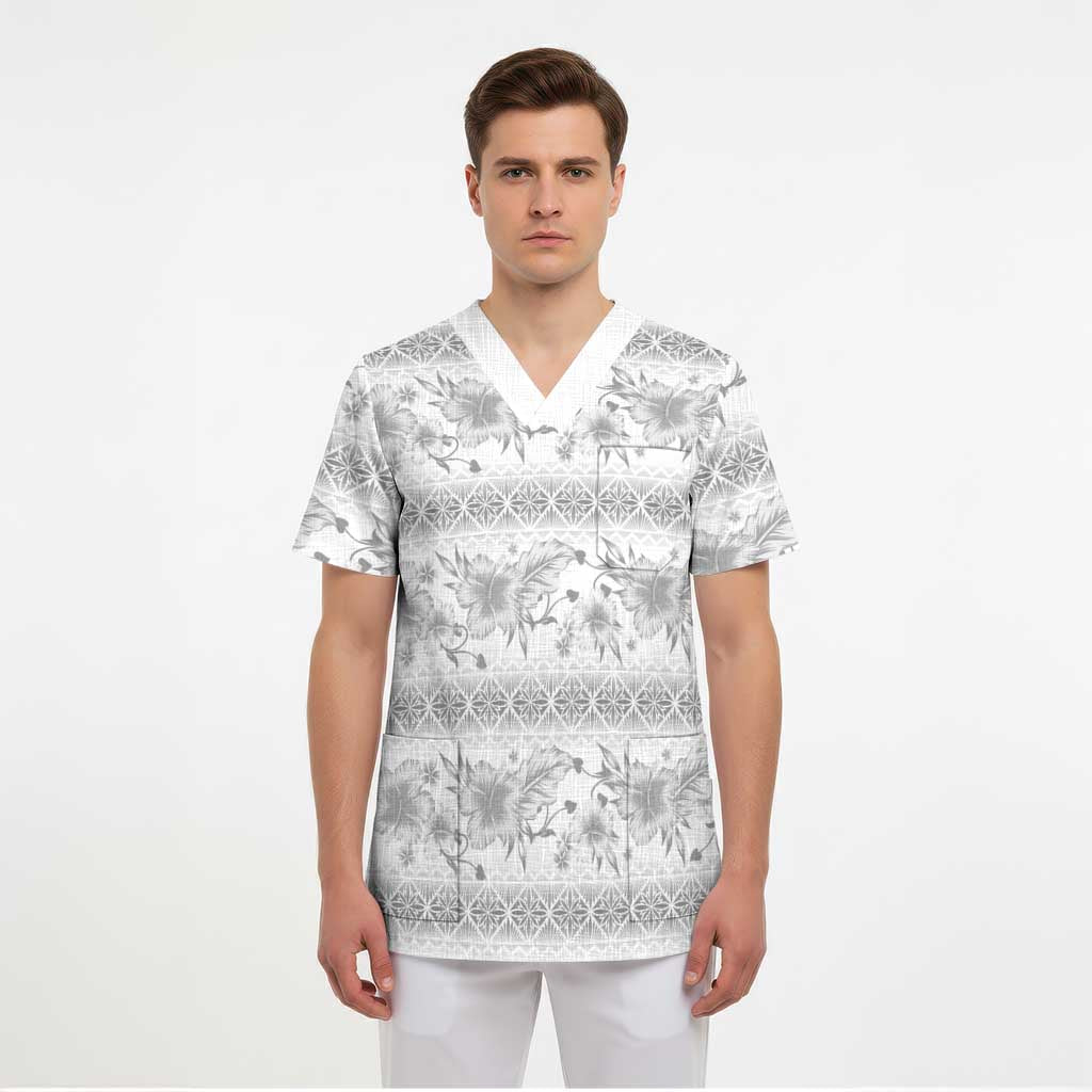 Samoa White Sunday Scrub Top Samoan Tapa White Hibiscus - Polynesian Pride