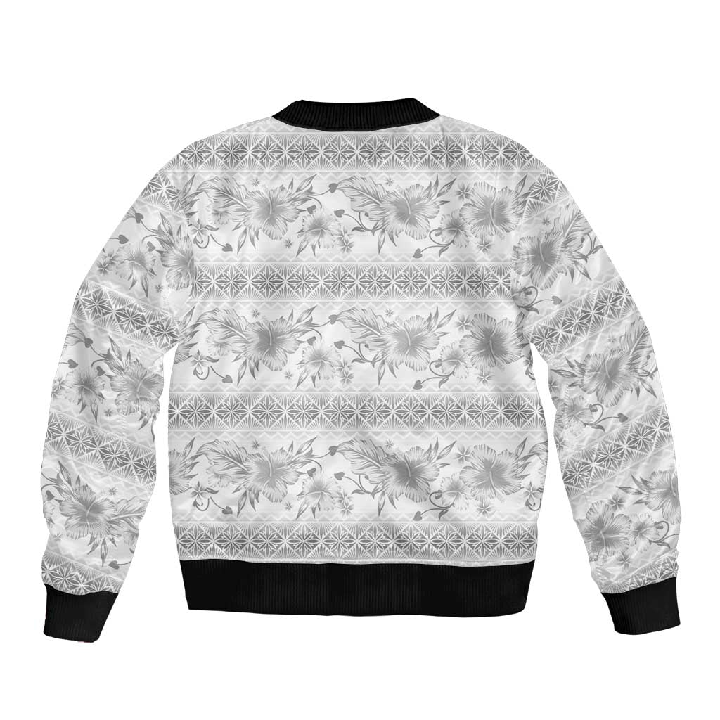 Samoa White Sunday Sleeve Zip Bomber Jacket Samoan Tapa White Hibiscus - Polynesian Pride