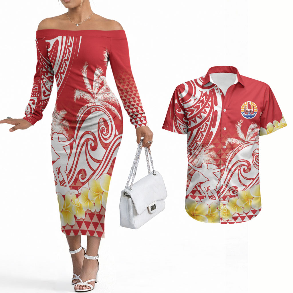 Personalised Tahiti Surfing Couples Matching Off The Shoulder Long Sleeve Dress and Hawaiian Shirt Polynesian Style LT05 Red - Polynesian Pride