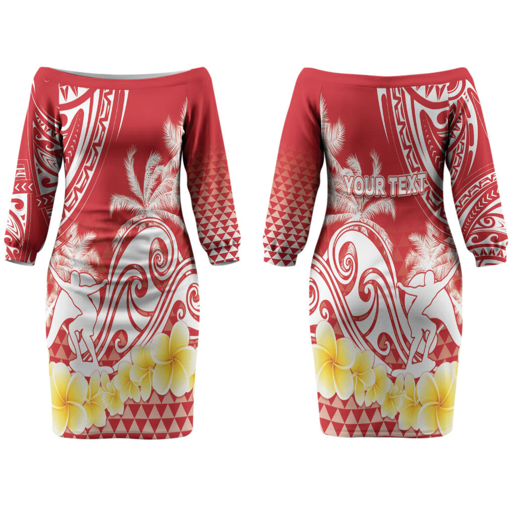 Personalised Tahiti Surfing Couples Matching Off The Shoulder Long Sleeve Dress and Hawaiian Shirt Polynesian Style LT05 - Polynesian Pride