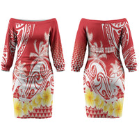 Personalised Tahiti Surfing Couples Matching Off The Shoulder Long Sleeve Dress and Hawaiian Shirt Polynesian Style LT05 - Polynesian Pride