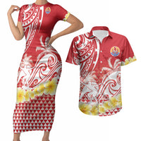 Personalised Tahiti Surfing Couples Matching Short Sleeve Bodycon Dress and Hawaiian Shirt Polynesian Style LT05 Red - Polynesian Pride