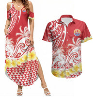Personalised Tahiti Surfing Couples Matching Summer Maxi Dress and Hawaiian Shirt Polynesian Style LT05 Red - Polynesian Pride