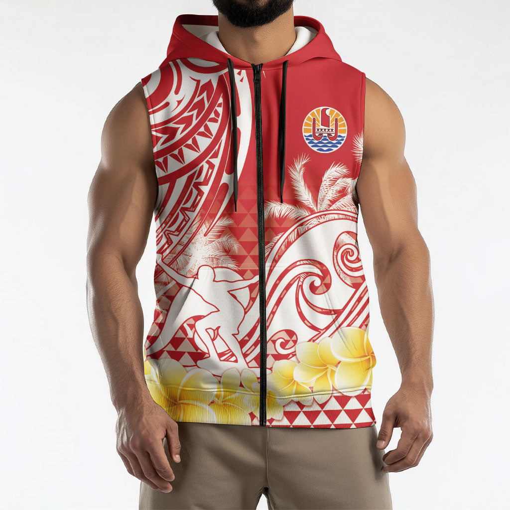 Personalised Tahiti Surfing Sleeveless Zip Hoodie Polynesian Style