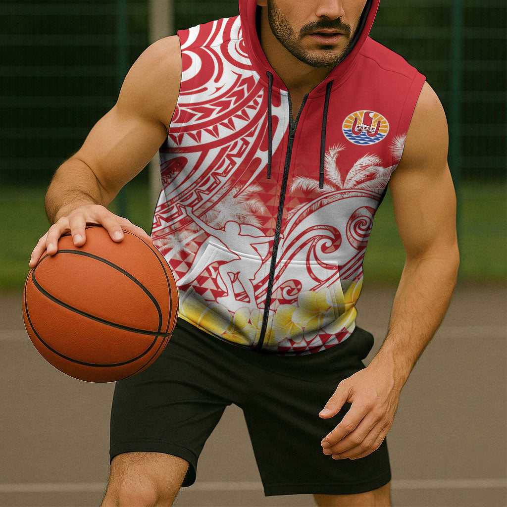 Personalised Tahiti Surfing Sleeveless Zip Hoodie Polynesian Style