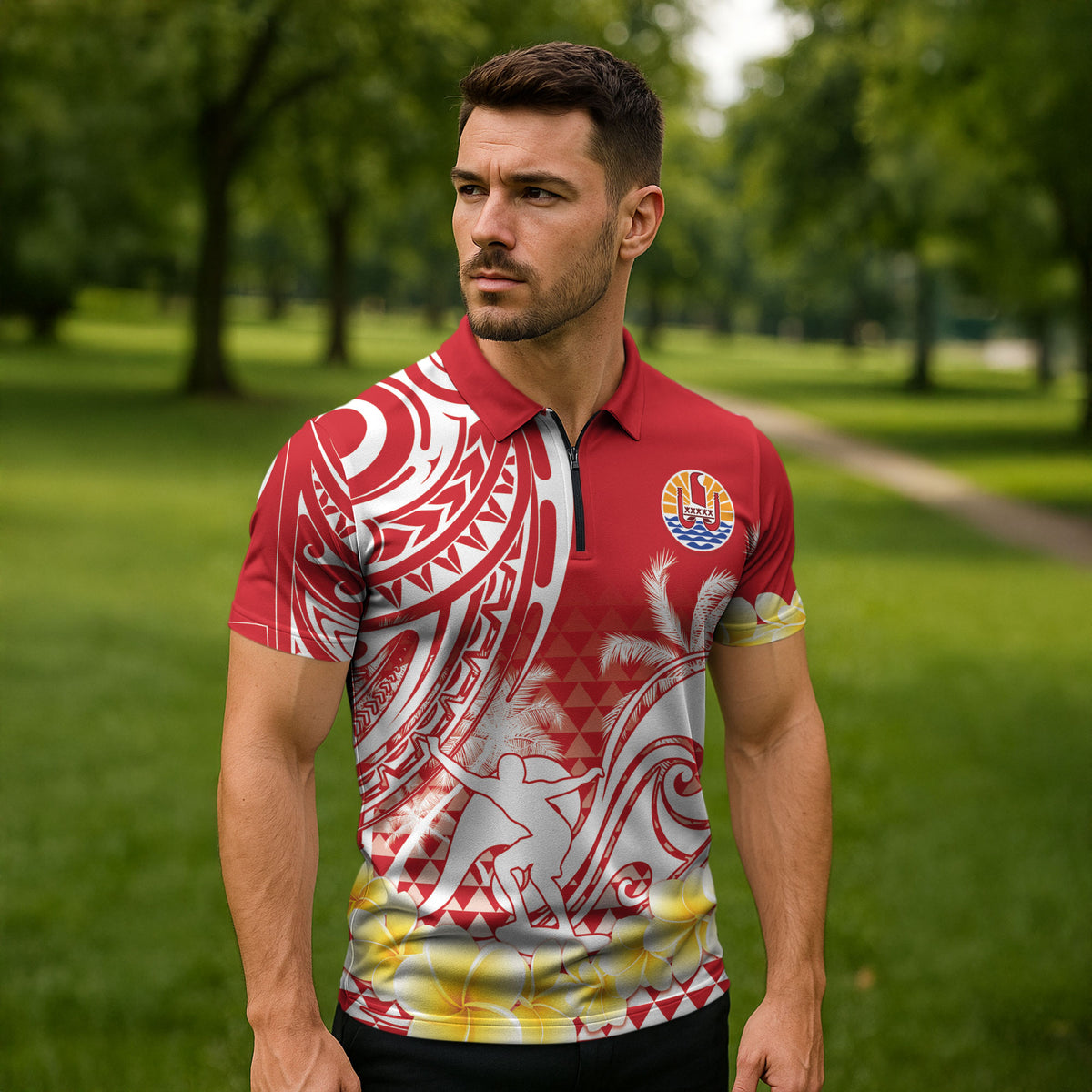 Personalised Tahiti Surfing Zipper Polo Shirt Polynesian Style