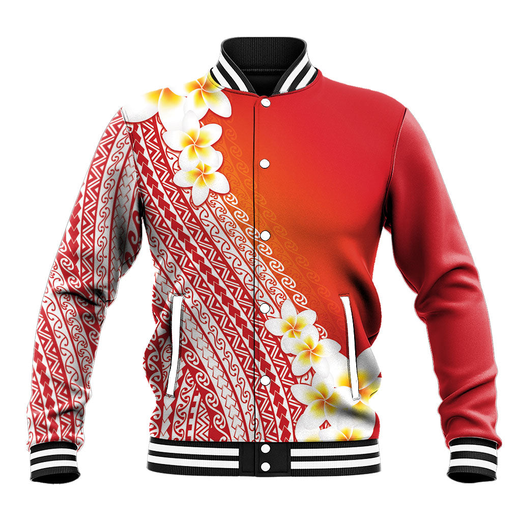 Tahiti Plumeria Tribal Pattern Baseball Jacket Wave Style Red