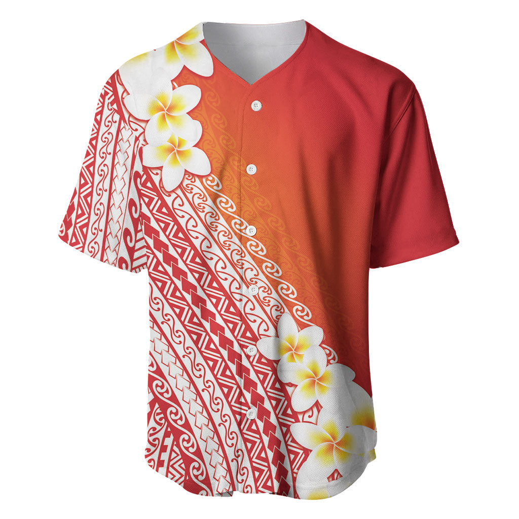 Tahiti Plumeria Tribal Pattern Baseball Jersey Wave Style Red