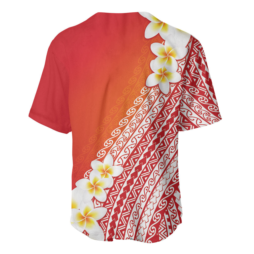 Tahiti Plumeria Tribal Pattern Baseball Jersey Wave Style Red