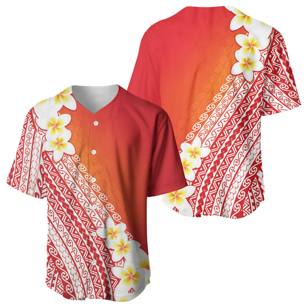 Tahiti Plumeria Tribal Pattern Baseball Jersey Wave Style Red