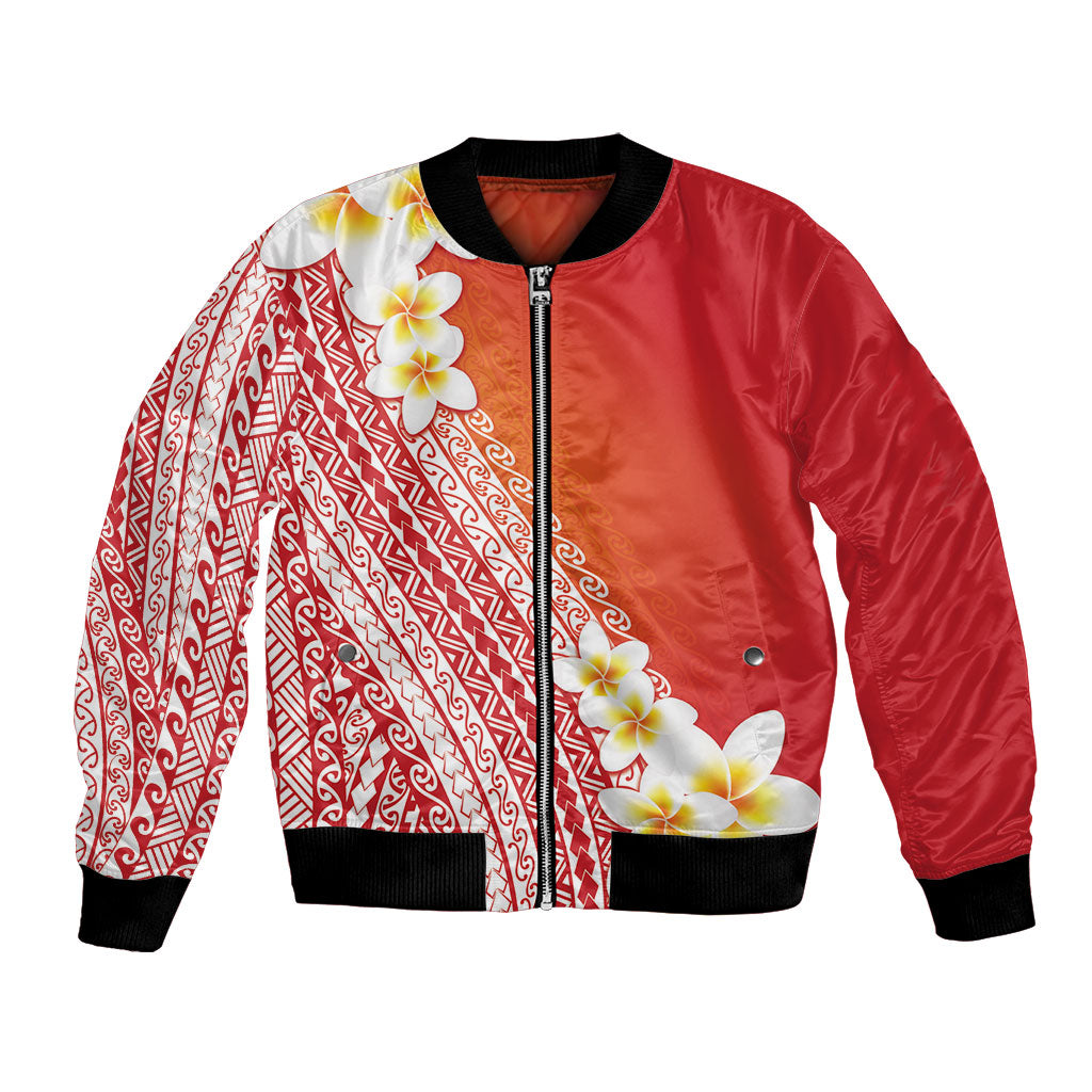 Tahiti Plumeria Tribal Pattern Bomber Jacket Wave Style Red