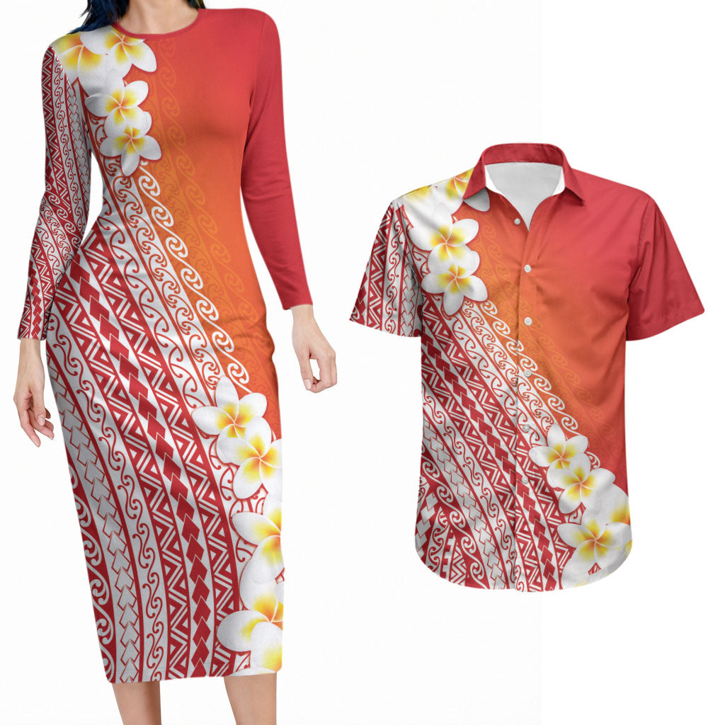 Tahiti Plumeria Tribal Pattern Couples Matching Long Sleeve Bodycon Dress and Hawaiian Shirt Wave Style Red