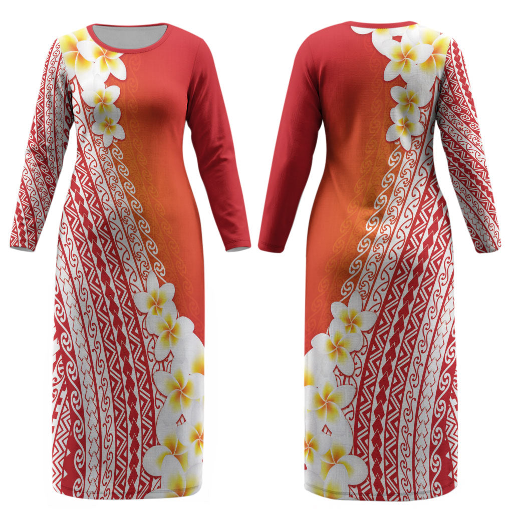 Tahiti Plumeria Tribal Pattern Couples Matching Long Sleeve Bodycon Dress and Hawaiian Shirt Wave Style Red