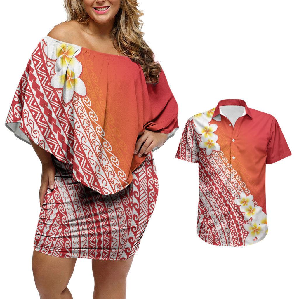Tahiti Plumeria Tribal Pattern Couples Matching Off Shoulder Short Dress and Hawaiian Shirt Wave Style Red
