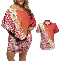 Tahiti Plumeria Tribal Pattern Couples Matching Off Shoulder Short Dress and Hawaiian Shirt Wave Style Red