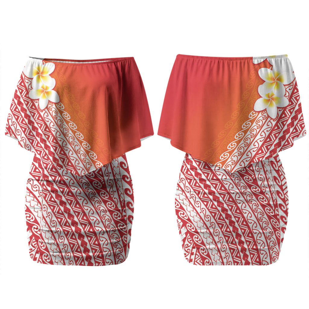 Tahiti Plumeria Tribal Pattern Couples Matching Off Shoulder Short Dress and Hawaiian Shirt Wave Style Red