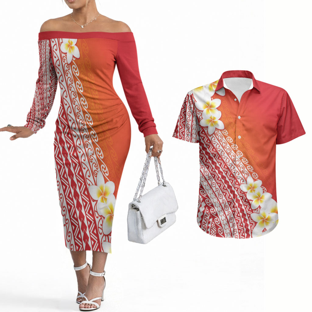 Tahiti Plumeria Tribal Pattern Couples Matching Off The Shoulder Long Sleeve Dress and Hawaiian Shirt Wave Style Red