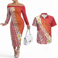 Tahiti Plumeria Tribal Pattern Couples Matching Off The Shoulder Long Sleeve Dress and Hawaiian Shirt Wave Style Red