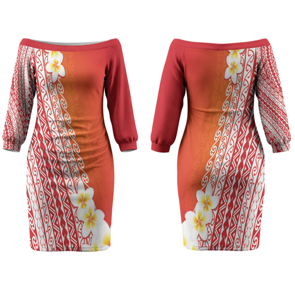 Tahiti Plumeria Tribal Pattern Couples Matching Off The Shoulder Long Sleeve Dress and Hawaiian Shirt Wave Style Red