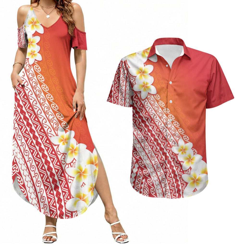 Tahiti Plumeria Tribal Pattern Couples Matching Summer Maxi Dress and Hawaiian Shirt Wave Style Red