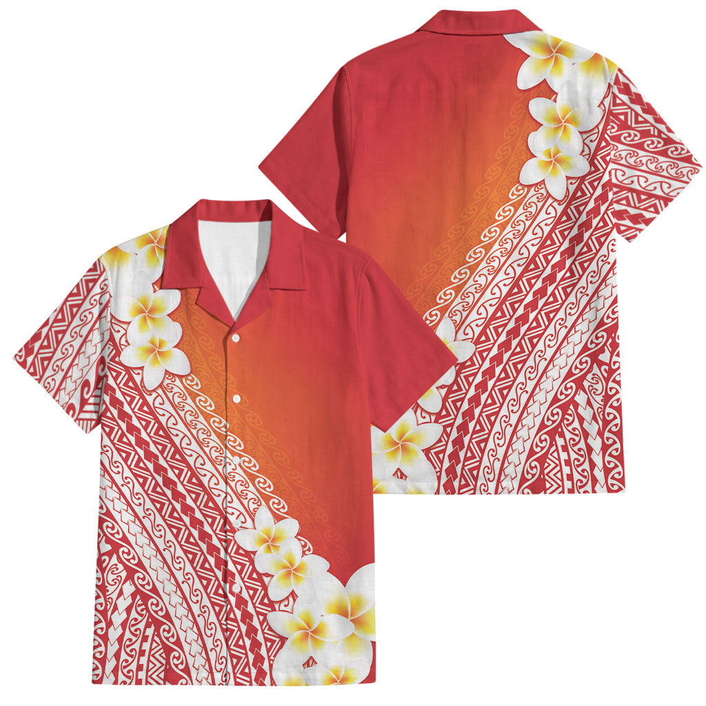 Tahiti Plumeria Tribal Pattern Family Matching Off Shoulder Maxi Dress and Hawaiian Shirt Wave Style Red LT05 Dad's Shirt - Short Sleeve Red - Polynesian Pride